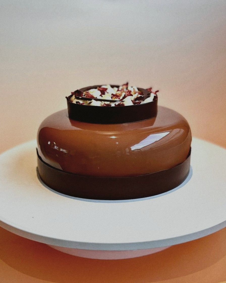 Schokoladen-Entremet auf weissem Teller
